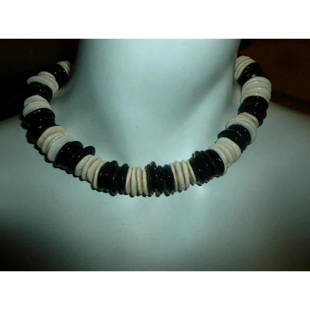 Vtg Artisan Ceramic Disc Bead Necklace‎ Black White Glazed Pottery Boho Choker